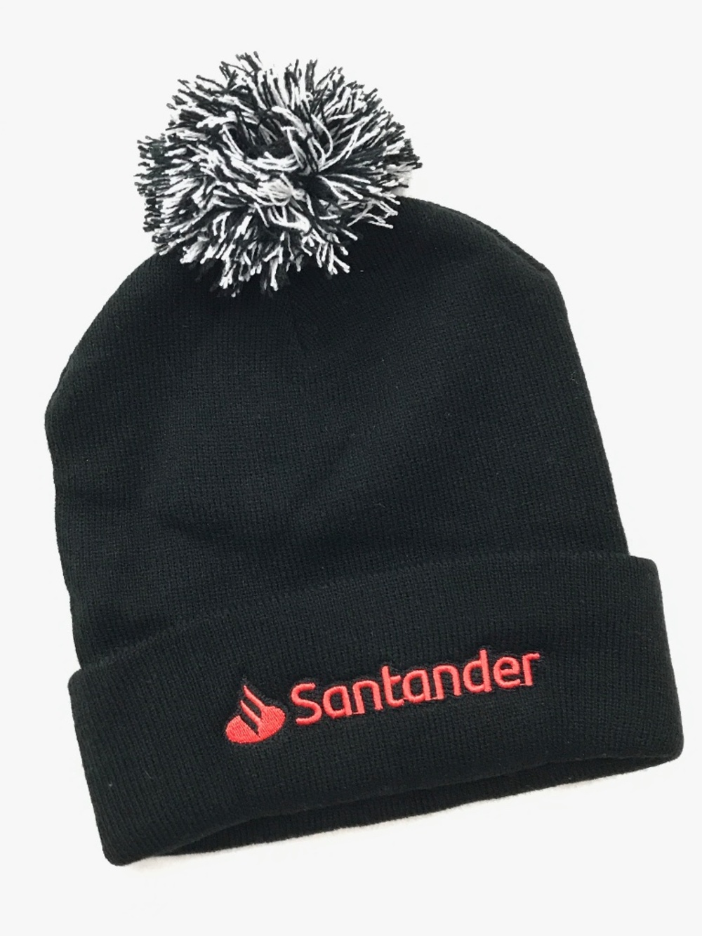 Santander Embroidered Logo Beanie Hat Pompom Pom Cuffed Foldover Black Orange